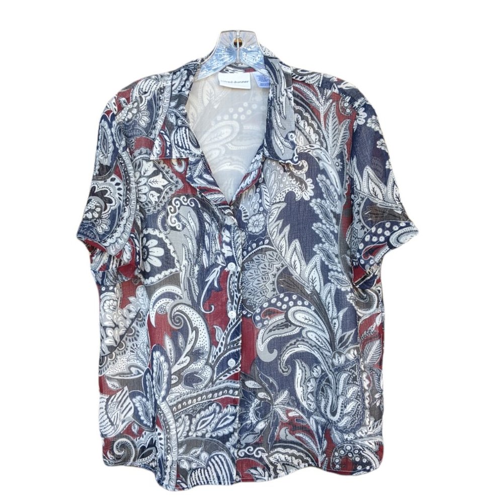 Alfred Dunner Red & Blue Paisley Floral Button Front Short SleeveTop - Size 16